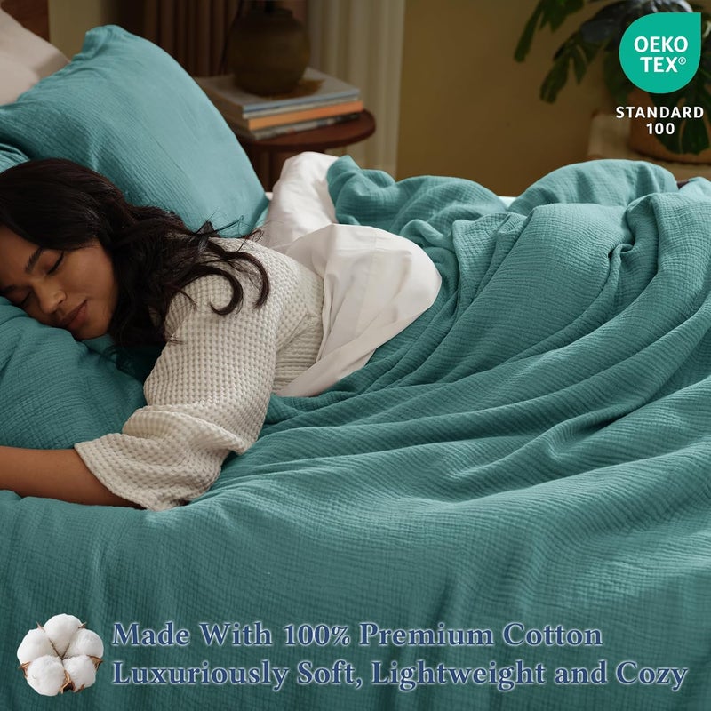 David's Home 3 Piece King Cotton Muslin Comforter Set, Soft Lightweight Breathable Linen-Like Gauze Bedding, Set includes 1x Comforter + 2x Pillow Shams, Teal - Image 2