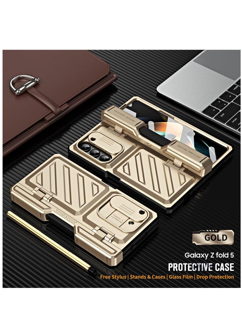 Excefore غطاء حماية مفصل لجهاز سامسونج جالكسي زد فولد 5 مع صندوق قلم ووقوف، غطاء عدسة كاميرا منزلق، واقي شاشة كامل الجسم مضاد للصدمات، ذهبي - Image 4