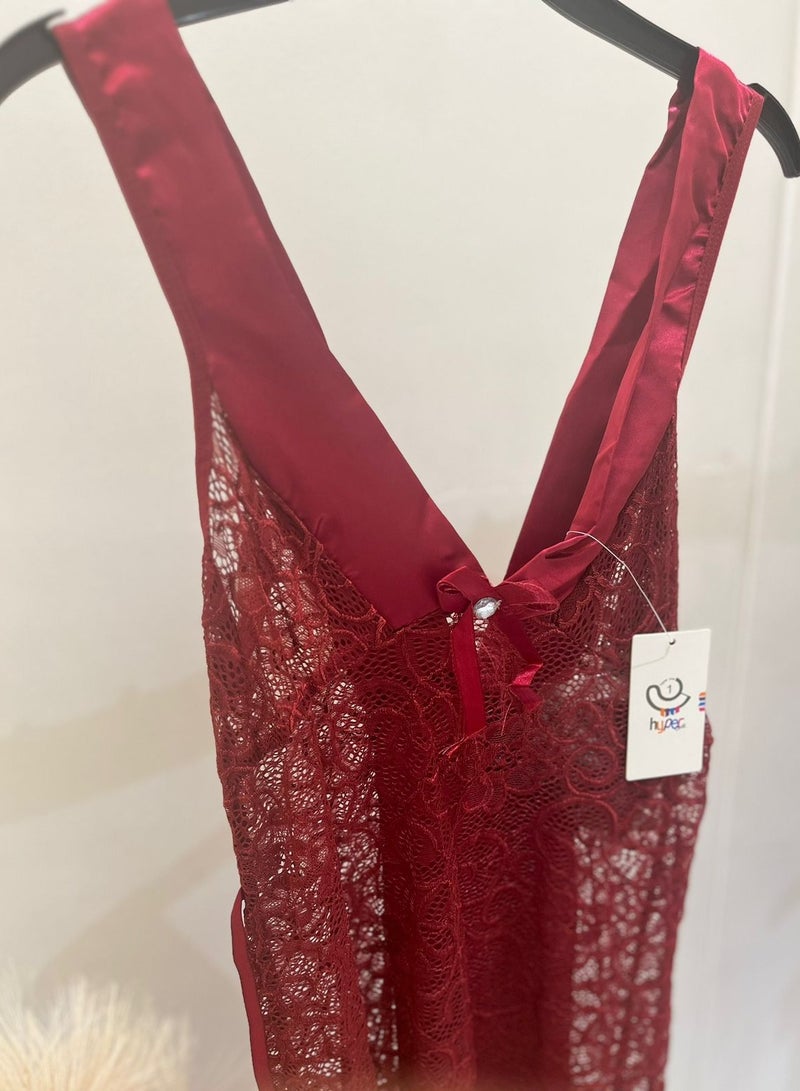 Hyper One Women's elegant lace nightgown - Maroon - Image 3