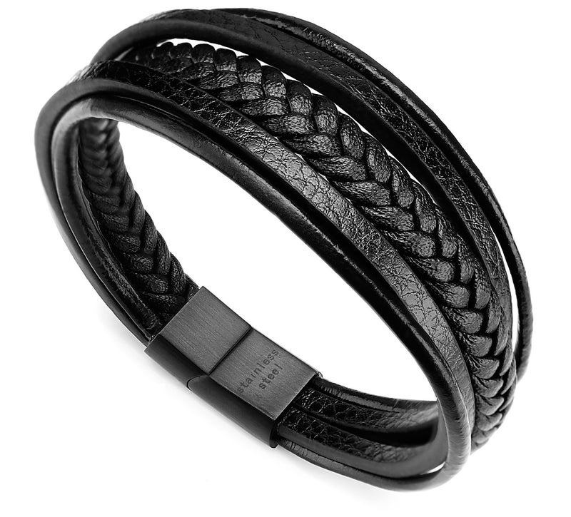 murtoo Mens Leather Bracelet with Clasp Cowhide Multi-Layer Braided Leather Mens Bracelet (Black, 7.5") - Image 1