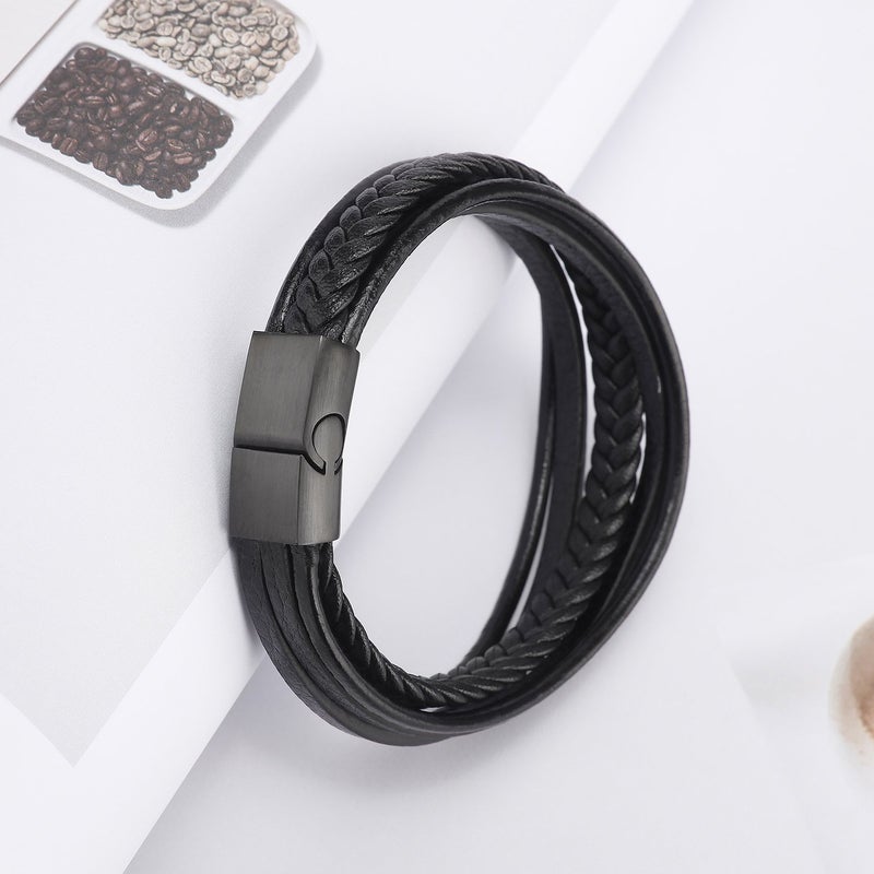 murtoo Mens Leather Bracelet with Clasp Cowhide Multi-Layer Braided Leather Mens Bracelet (Black, 7.5") - Image 4