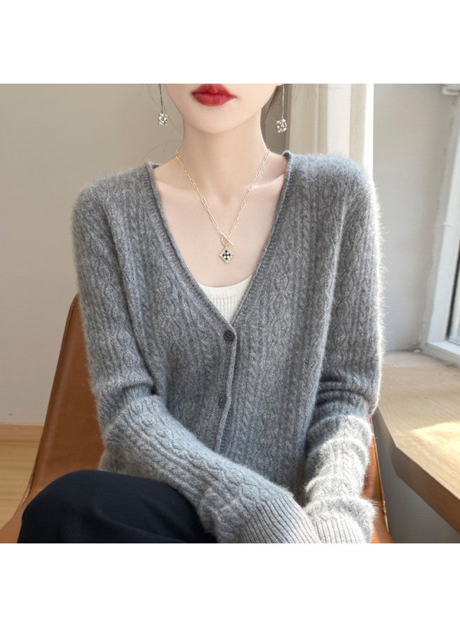 XINYANG Pure Wool Sweater Women V-Neck Rolled Edge Jacquard Lace Long Sleeve Knitted Top Autumn Knitted Cardigan - Image 2