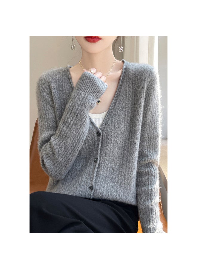 XINYANG Pure Wool Sweater Women V-Neck Rolled Edge Jacquard Lace Long Sleeve Knitted Top Autumn Knitted Cardigan - Image 5