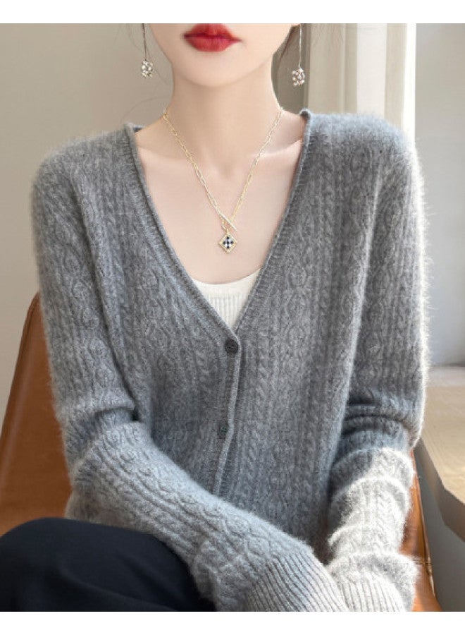 XINYANG Pure Wool Sweater Women V-Neck Rolled Edge Jacquard Lace Long Sleeve Knitted Top Autumn Knitted Cardigan - Image 1
