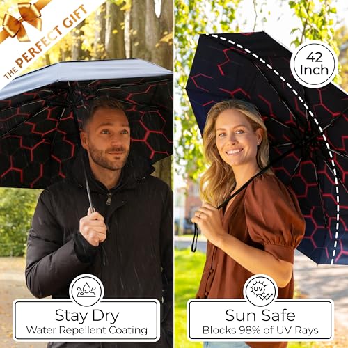 TUMELLA Strongest Windproof Travel Umbrella (Compact, Superior & Beautiful), Small Strong but Light Portable and Automatic Folding Rain Umbrella, Durable Premium Grip, Fits Car & Backpack Honeycomb - Image 5