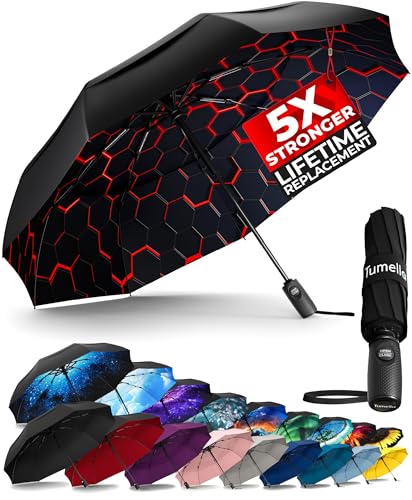 TUMELLA Strongest Windproof Travel Umbrella (Compact, Superior & Beautiful), Small Strong but Light Portable and Automatic Folding Rain Umbrella, Durable Premium Grip, Fits Car & Backpack Honeycomb - Image 1