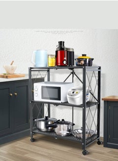 RollsTimi  3 Tier Foldable Standing Storage Rack Shelf Unit With Wheel for Kitchen Garage Home Closet Office Heavy Duty Shelves Black  - Image 1