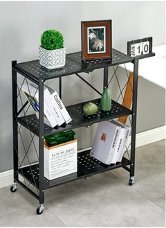 RollsTimi  3 Tier Foldable Standing Storage Rack Shelf Unit With Wheel for Kitchen Garage Home Closet Office Heavy Duty Shelves Black  - Image 5