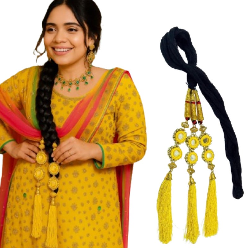 AHS Women's Long Braid Parandi Paranda Hair Accessory for Girls | Short & Long Hair Yellow Punjabi Parandi 30 Inches Ethnic - Image 1