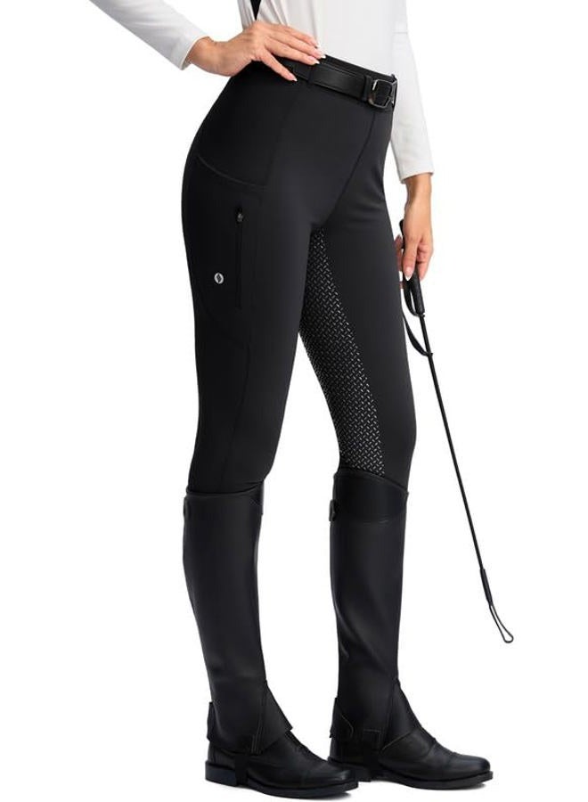 SANTINY Women's Horse Riding Pants Zipper Pockets Silicone Full-Seat Breeches Equestrian Schooling Tights for Women (Black_S) - Image 1