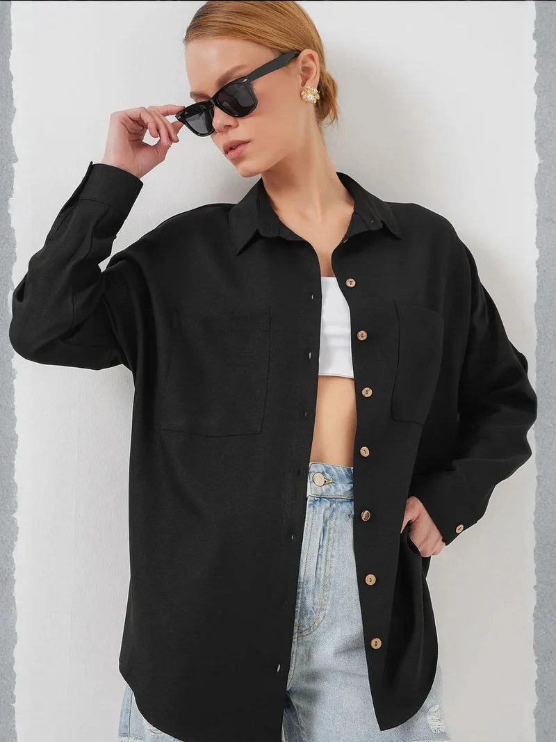 بيغ دارت قميص كتان بأكمام طويلة مقاس كبير مع جيب