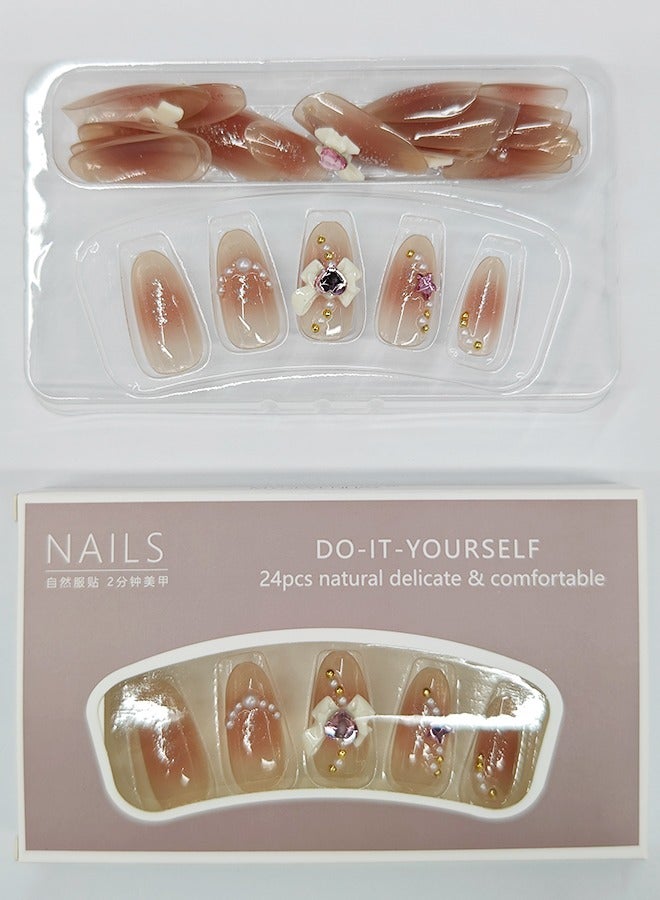 NIBEMINENT 24 قطعة أظافر صناعية، أظافر صناعية في علبة، أظافر صناعية طويلة على شكل لوز بلون بشرة موحد لامع، عقدة على شكل قلب حب نجمة زركون لؤلؤية، رقعة أظافر صناعية - Image 2