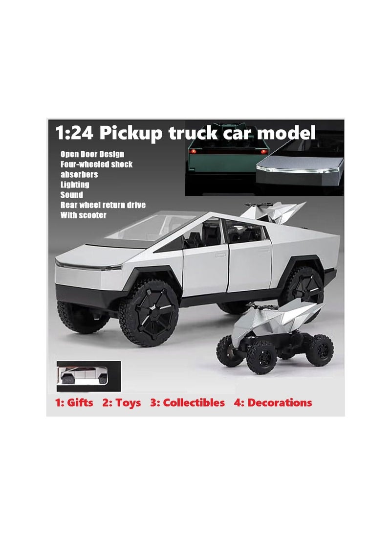 1:24 Silver Pickup Truck Off-Road Alloy Car Model Toy With Small Motorcycle Toy, Sound And Light Functions, Suitable As A Toy Gift, Collection, Decoration. - Image 3