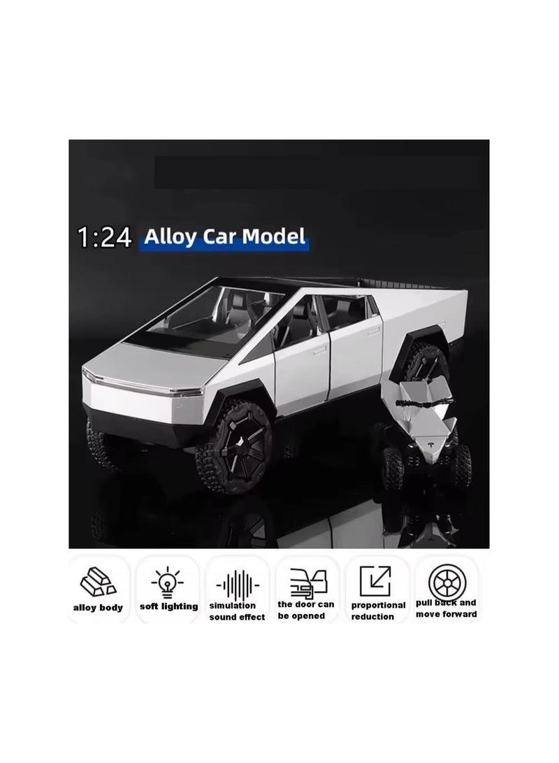 1:24 Silver Pickup Truck Off-Road Alloy Car Model Toy With Small Motorcycle Toy, Sound And Light Functions, Suitable As A Toy Gift, Collection, Decoration. - Image 2