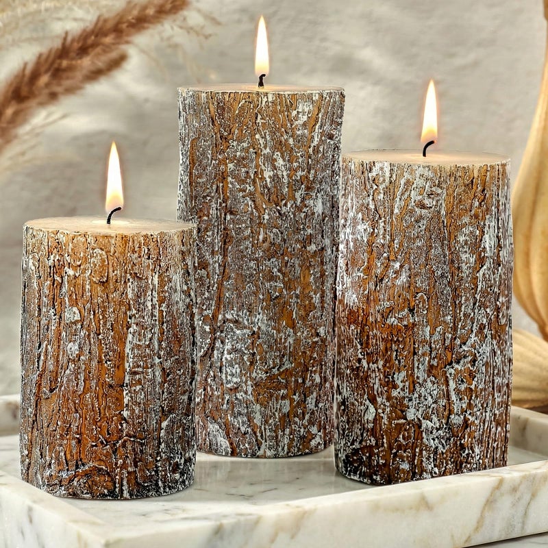 MOSROAD Classic Pine Tree Bark Texture Pillar Candles Set - Real Wax 3 Sizes (4", 5", 6" Tall) Rustic Decor Fireplace Candles, Unscented Woodland Style Pillar Candle for Home, Dining Table, Holiday Decor - Image 1