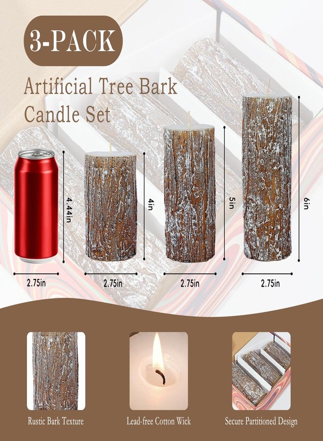MOSROAD Classic Pine Tree Bark Texture Pillar Candles Set - Real Wax 3 Sizes (4", 5", 6" Tall) Rustic Decor Fireplace Candles, Unscented Woodland Style Pillar Candle for Home, Dining Table, Holiday Decor - Image 3