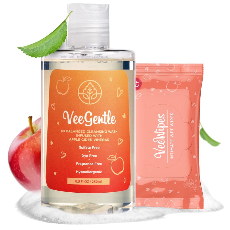 VeeFresh VeeDaily VeeGentle Intimate Wash VeeWipes ACV Sensitive Vee Bundle Apple Cider Vinegar Infused Female Wipes for Women Natural Feminine Wash for Sensitive Vees - Image 1