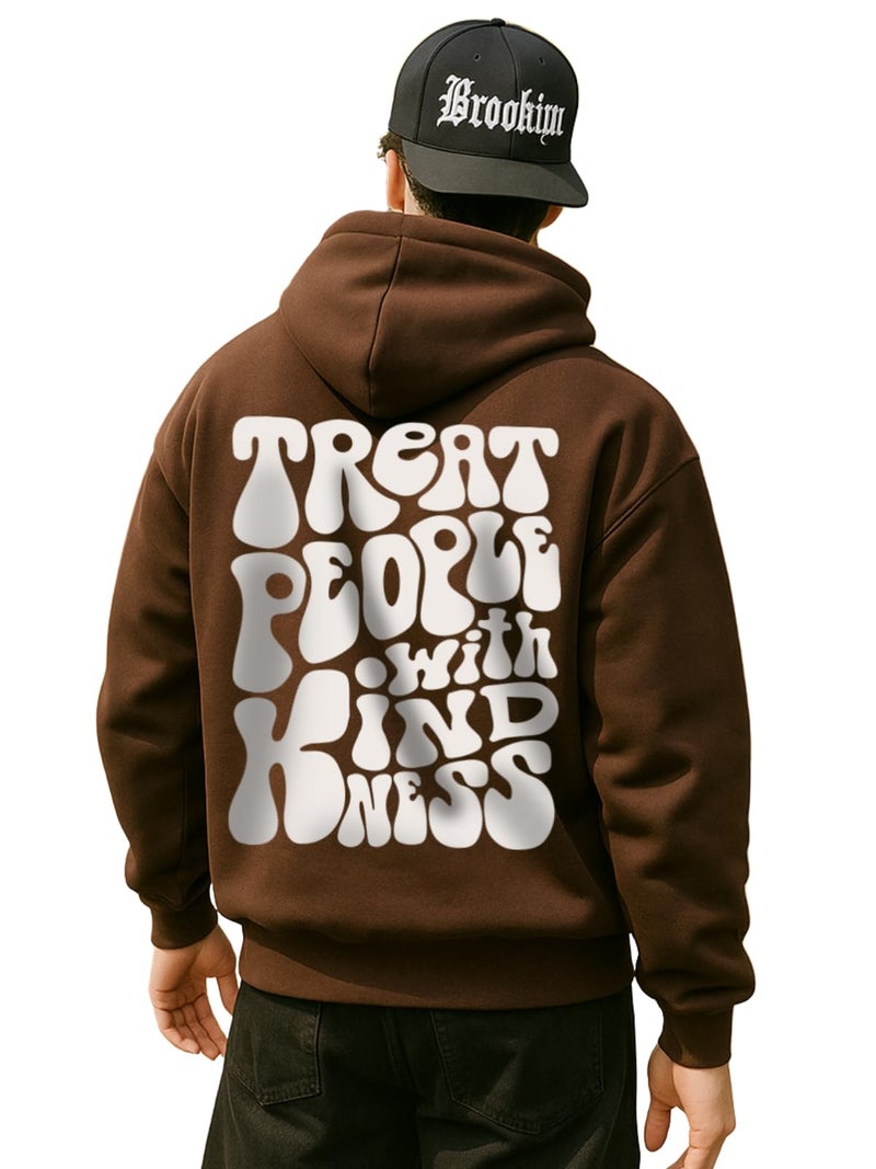 Veirdo Cotton Fleece Regular Fit Hooded Sweatshirt Full Sleeves Treat People with Kindness Back Typography Printed Jumper Brown Sweatshirt for Men/Boys (W_05_Brown_Sun_XXL) - Image 1