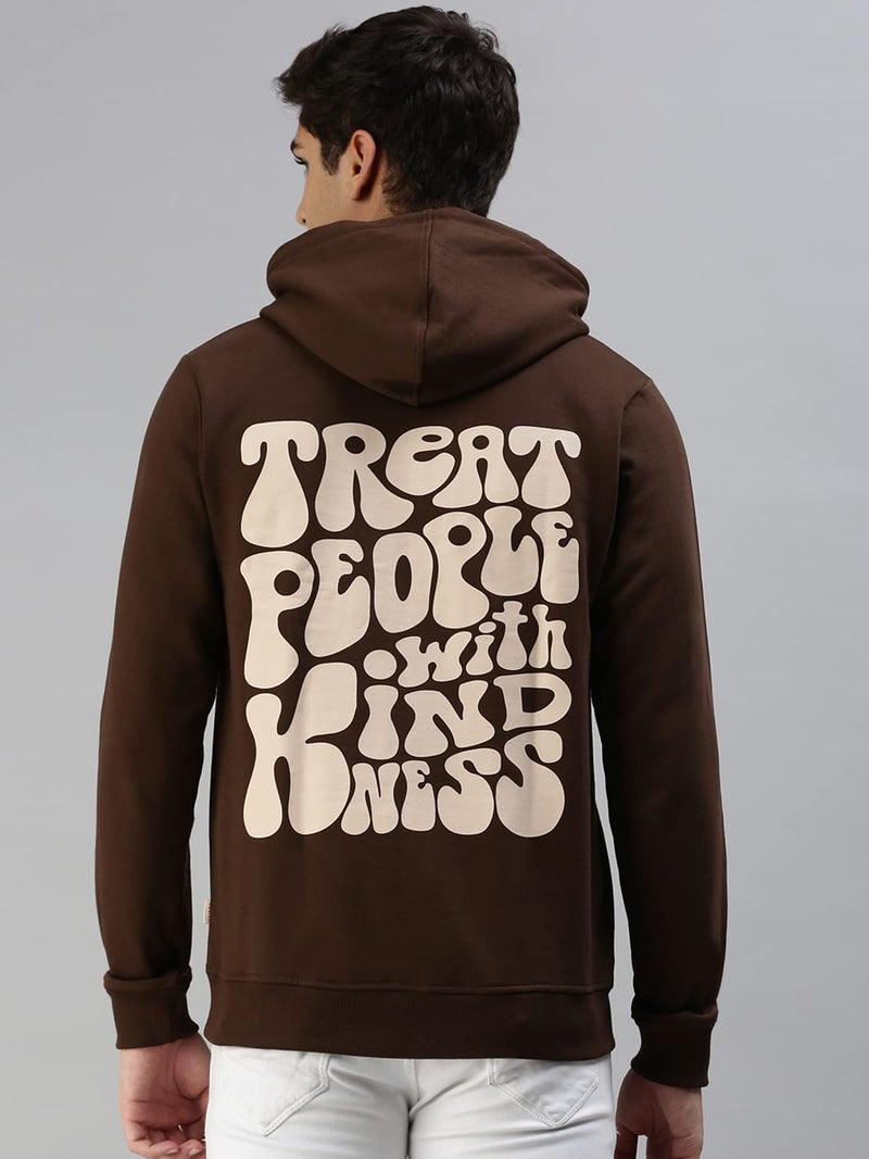 Veirdo Cotton Fleece Regular Fit Hooded Sweatshirt Full Sleeves Treat People with Kindness Back Typography Printed Jumper Brown Sweatshirt for Men/Boys (W_05_Brown_Sun_XXL) - Image 3