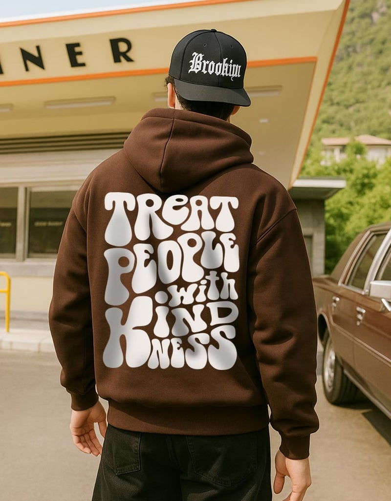Veirdo Cotton Fleece Regular Fit Hooded Sweatshirt Full Sleeves Treat People with Kindness Back Typography Printed Jumper Brown Sweatshirt for Men/Boys (W_05_Brown_Sun_XXL) - Image 2