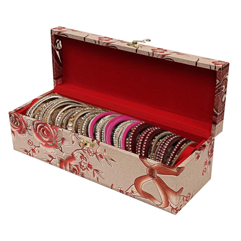 Kuber Industries Kuber Industries Multipurpose Wooden Floral Design 1 Rod Bangle Box/Organizer/Case With Swing Arm Lock (Gold)-47KM0645  - Image 3