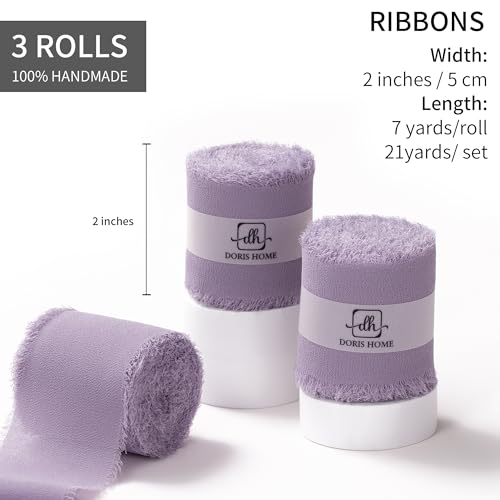 DORIS HOME Pastle Purple Chiffon Ribbon for Flower Bouquet, 2" x21Yd Fabric Ribbon for Gift Wrapping, Handmade Frayed Ribbon for Wedding/Christmas Decorations - Image 3