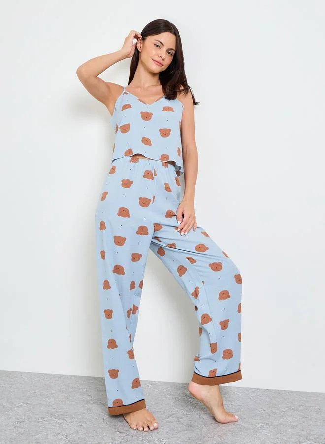 Take Two Blue Teddy Print Cami And Pyjama Set