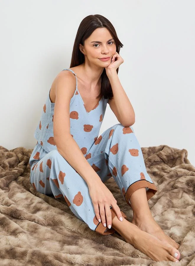 Take Two Blue Teddy Print Cami And Pyjama Set