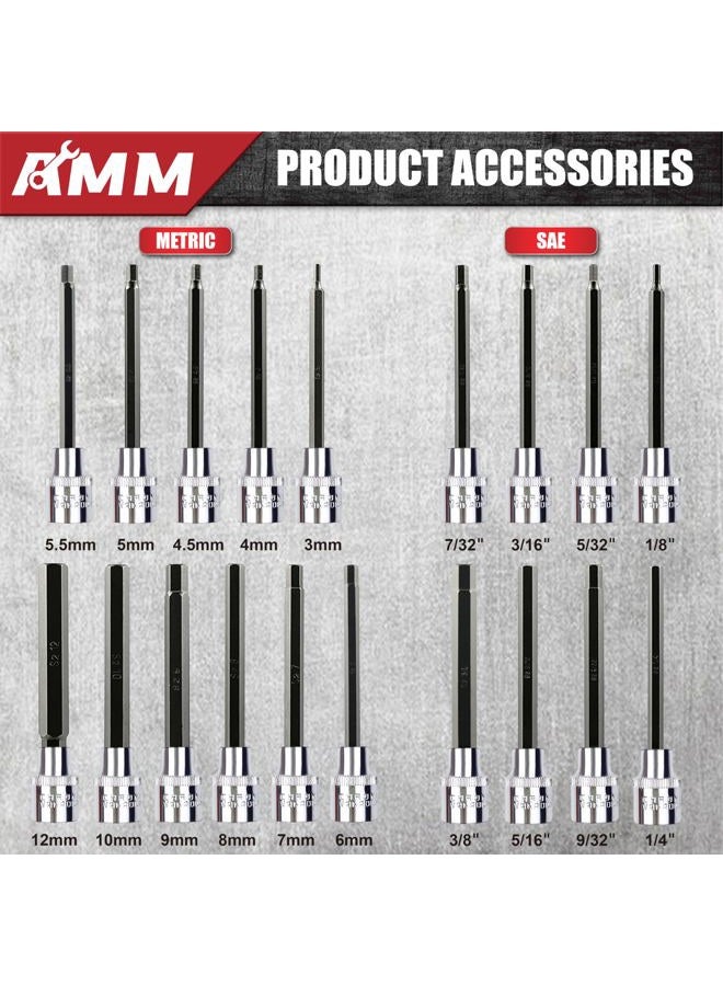 AMM 19-Piece 3/8 Inch Drive Extra Long Allen Hex Bit Socket Set, Standard SAE & Metric (1/8-Inch - 3/8-Inch, 3-12mm), S2 Alloy Steel, Necessary auto repair tools - Image 2