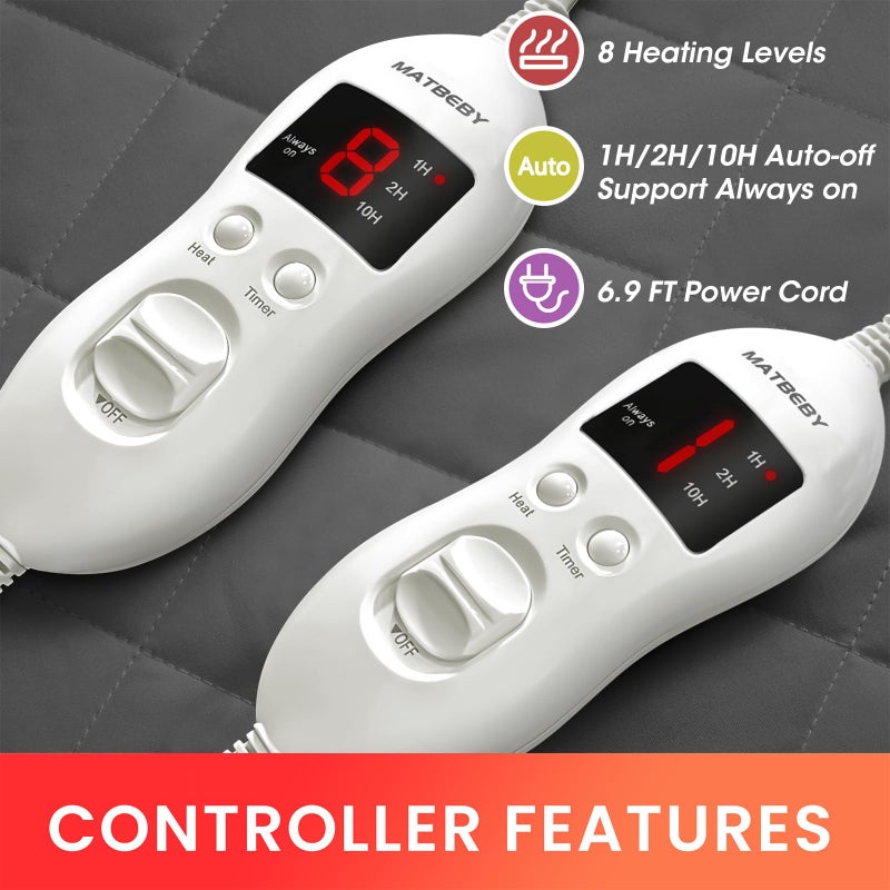 MATBEBY Heated Mattress Pad King Size, Electric Mattress Pad Cover w/Dual Control 8 Heating Settings, Bed Warmer w/ 4 Auto Shut Off Settings, UL Certified, Deep Pocket, Machine Washable, Dark Grey - Image 2
