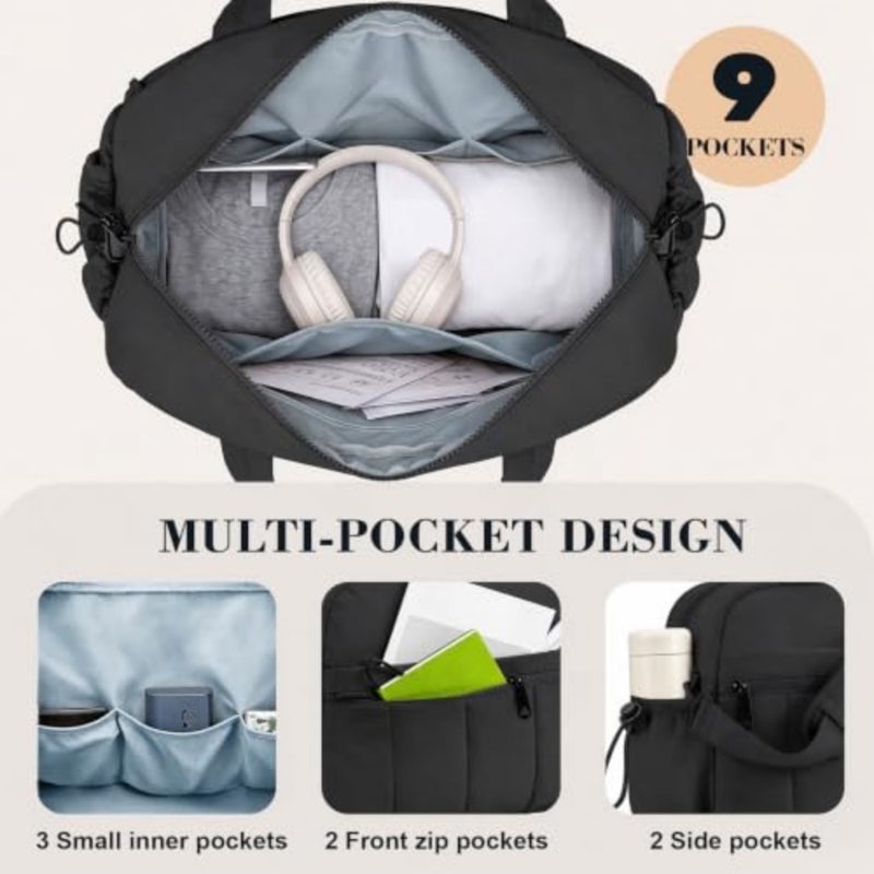 24L gym bag for women: lightweight duffle bag for travel, polyester fabric, black, water-resistant wet pocket and quick-dry lining - Image 5