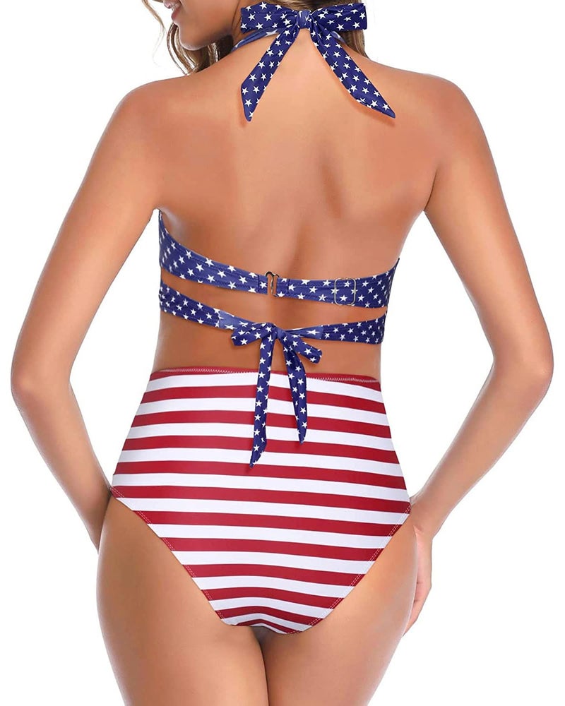 Tempt Me Women's Vintage Swimsuits American Flag Retro Halter Ruched High Waist Bikini with Bottom M - Image 5