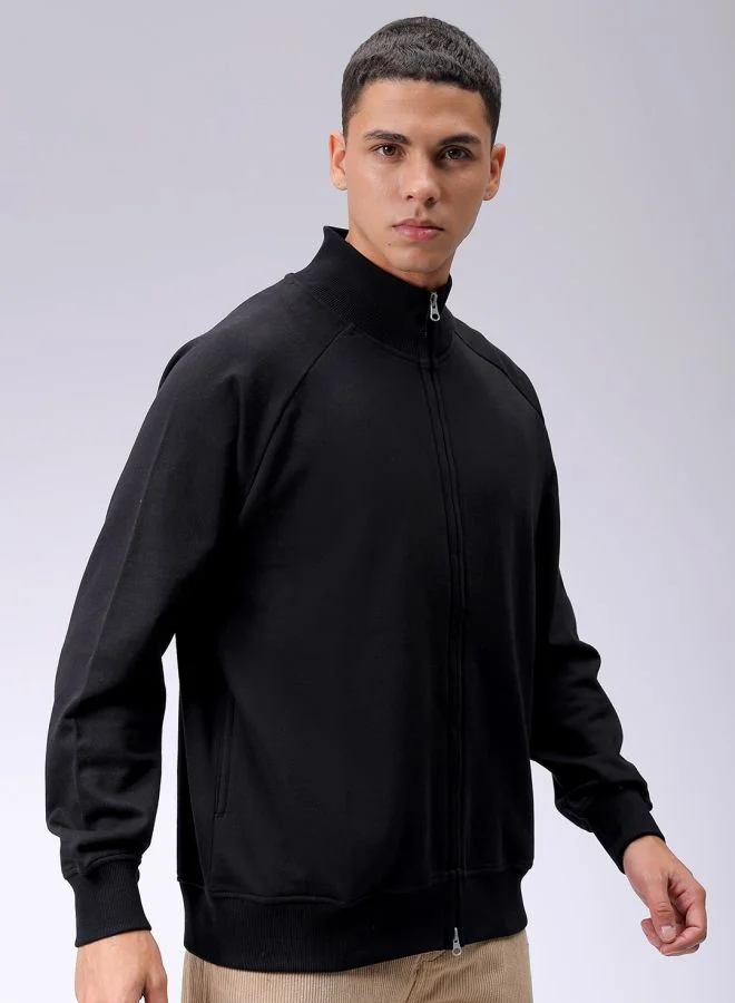 The Indian Garage Co Men Relaxed Fit Solid High neck Front Open High Neck Sweatshirt