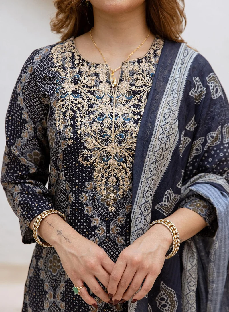 ISHIN Women's Blue Modal Muslin Printed Tunic Full Length Casual Straight Fit Kurta Set