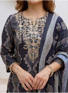 ISHIN Women's Blue Modal Muslin Printed Tunic Full Length Casual Straight Fit Kurta Set  - Image 3
