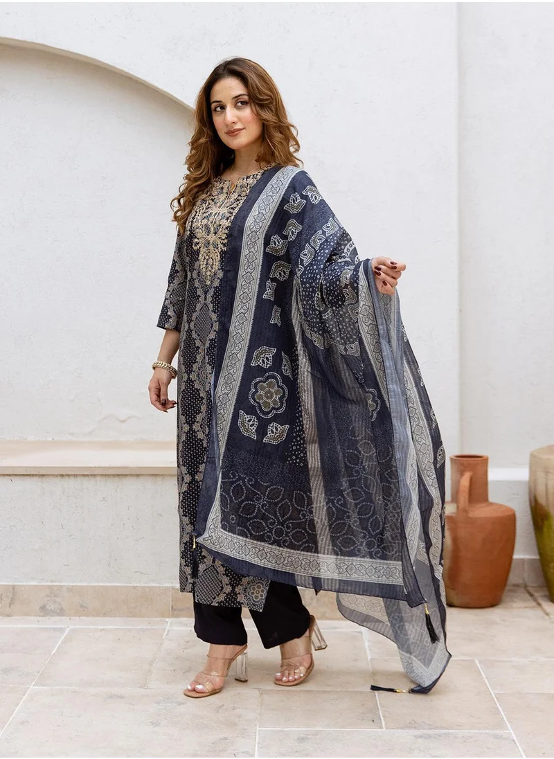 آي شين Women's Blue Modal Muslin Printed Tunic Full Length Casual Straight Fit Kurta Set