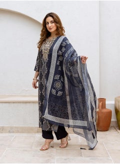 ISHIN Women's Blue Modal Muslin Printed Tunic Full Length Casual Straight Fit Kurta Set  - Image 1