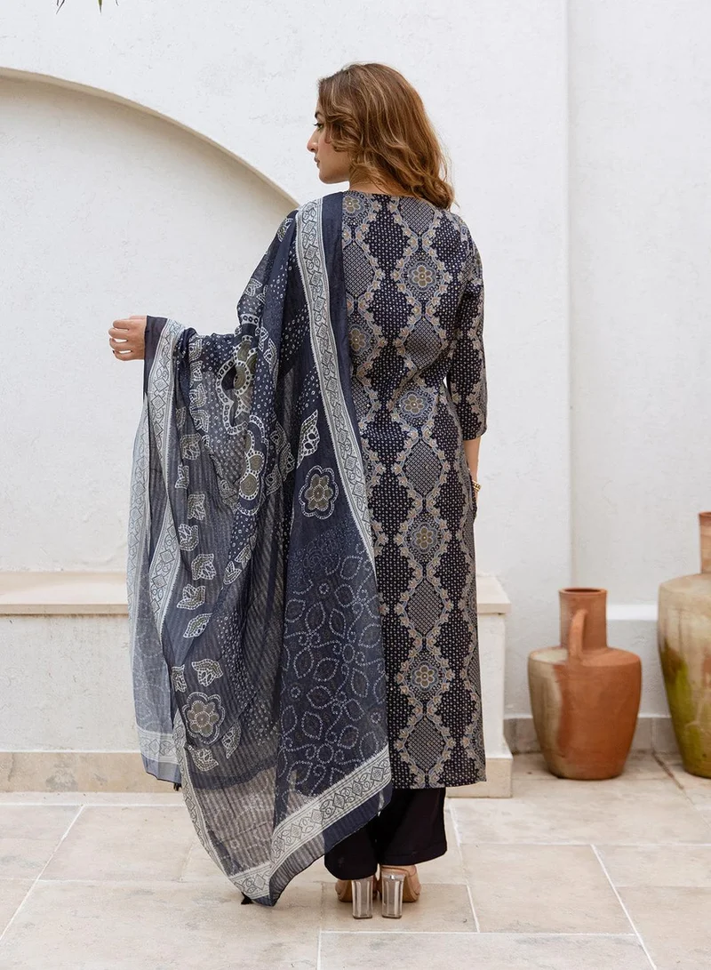 ISHIN Women's Blue Modal Muslin Printed Tunic Full Length Casual Straight Fit Kurta Set