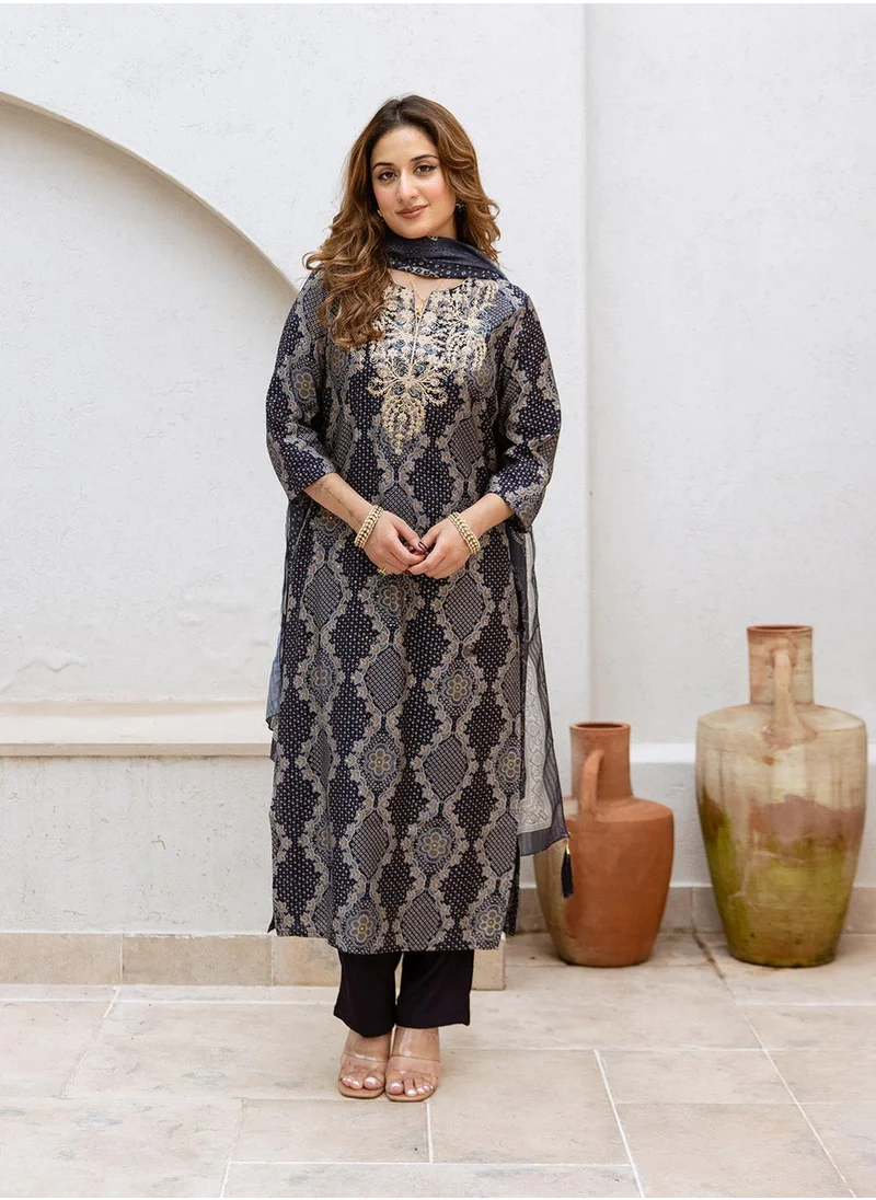 آي شين Women's Blue Modal Muslin Printed Tunic Full Length Casual Straight Fit Kurta Set
