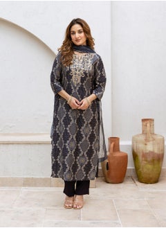 ISHIN Women's Blue Modal Muslin Printed Tunic Full Length Casual Straight Fit Kurta Set  - Image 2