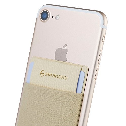 Sinjimoru Secure Card Holder for Back of Phone Stretchy Fabric Cell Phone Wallet Stick On Credit Card Case for iPhone Android Sinji Pouch Flap Beige - Image 1