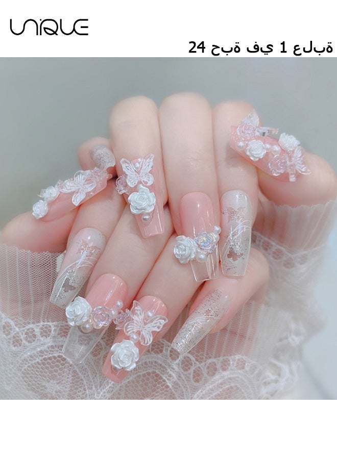 يونيك 24 قطعة أظافر مزيفة ، أظافر مكبس ، مانيكير باليه متوسط الطول - مانيكير لؤلؤي وردي لامع - مانيكير فراشة روز ثلاثي الأبعاد - رقعة أظافر مزيفة - Image 1