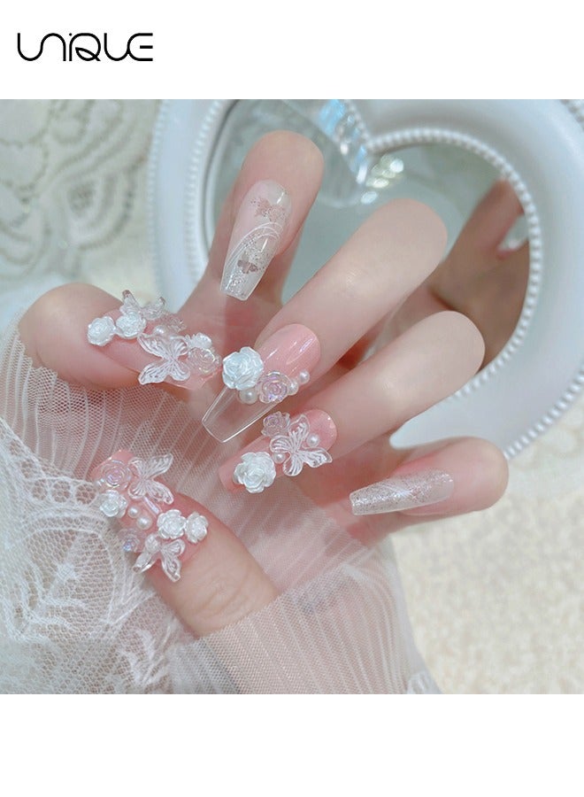 يونيك 24 قطعة أظافر مزيفة ، أظافر مكبس ، مانيكير باليه متوسط الطول - مانيكير لؤلؤي وردي لامع - مانيكير فراشة روز ثلاثي الأبعاد - رقعة أظافر مزيفة - Image 3