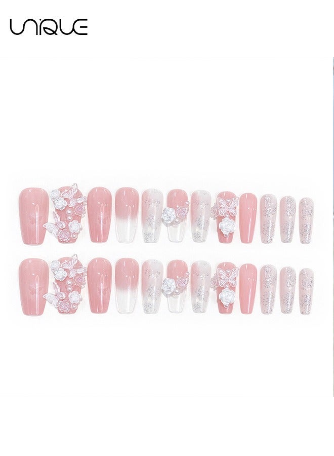 يونيك 24 قطعة أظافر مزيفة ، أظافر مكبس ، مانيكير باليه متوسط الطول - مانيكير لؤلؤي وردي لامع - مانيكير فراشة روز ثلاثي الأبعاد - رقعة أظافر مزيفة - Image 4