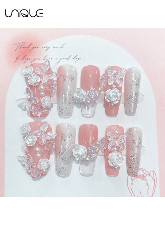 يونيك 24 قطعة أظافر مزيفة ، أظافر مكبس ، مانيكير باليه متوسط الطول - مانيكير لؤلؤي وردي لامع - مانيكير فراشة روز ثلاثي الأبعاد - رقعة أظافر مزيفة - Image 2