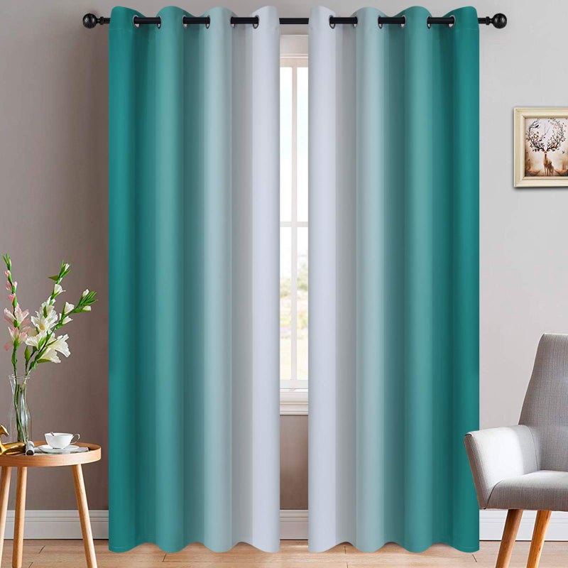 Yakamok 84 Inch Length Teal and Greyish White Light Blocking Gradient Color Ombre Curtains with Grommet Room Darkening Window Treatment Drapes for Living Room52x84 Inch 2 Panels