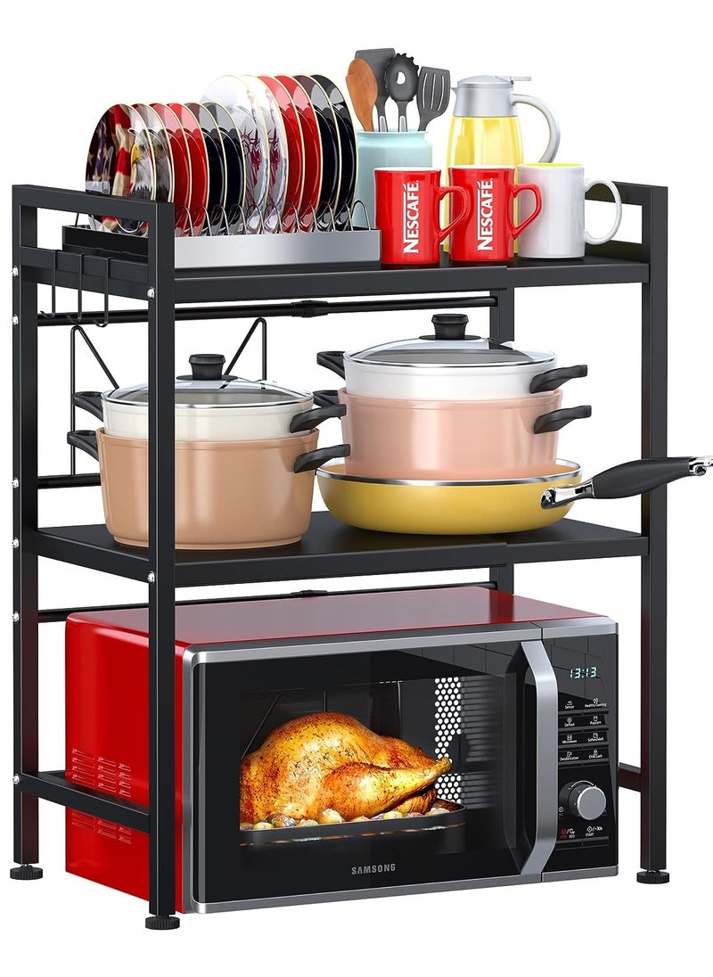 Generic - Extendable Microwave Oven Rack, Adjustable Microwave/Toaster Shelf Heavy Duty Stand Kitchen Counter Top Organizer, 3-Tier with 6 Hooks, Black - Image 1