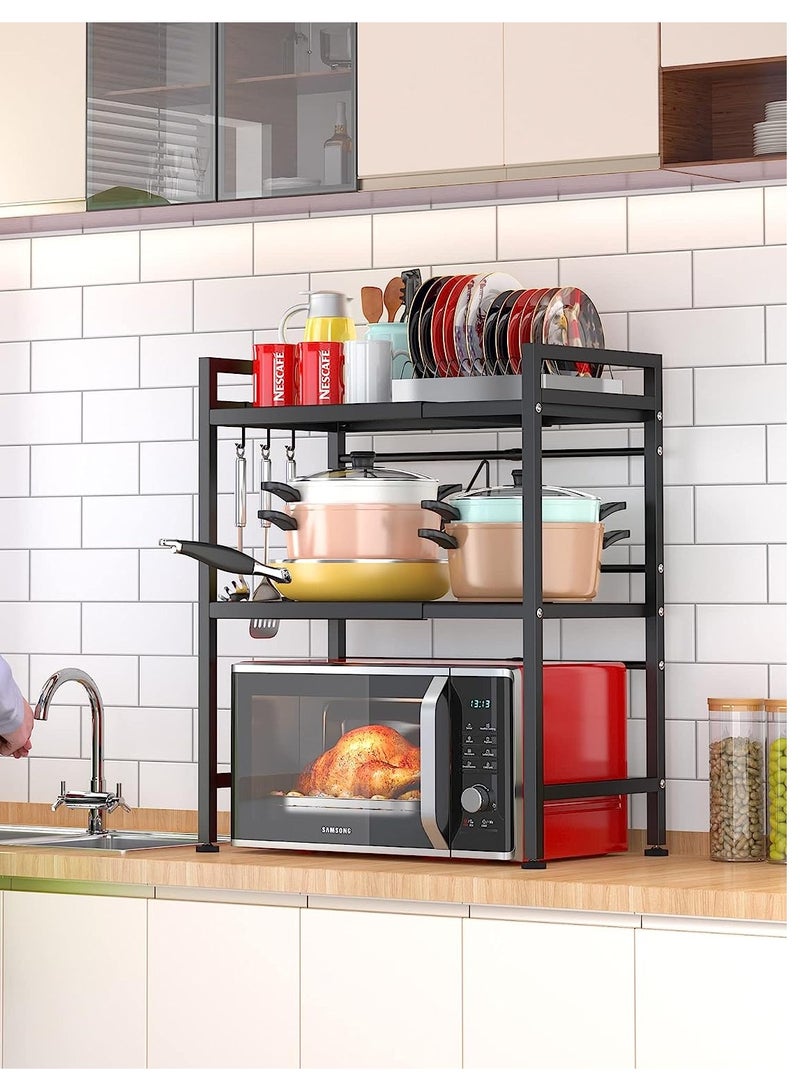 Generic - Extendable Microwave Oven Rack, Adjustable Microwave/Toaster Shelf Heavy Duty Stand Kitchen Counter Top Organizer, 3-Tier with 6 Hooks, Black - Image 1