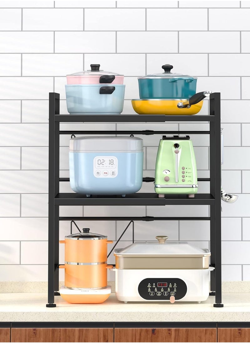 Generic - Extendable Microwave Oven Rack, Adjustable Microwave/Toaster Shelf Heavy Duty Stand Kitchen Counter Top Organizer, 3-Tier with 6 Hooks, Black - Image 1
