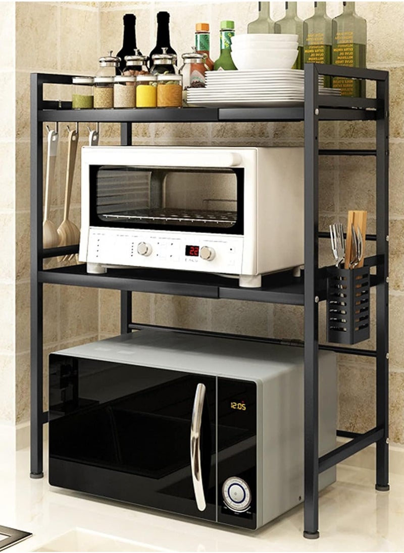 Generic - Extendable Microwave Oven Rack, Adjustable Microwave/Toaster Shelf Heavy Duty Stand Kitchen Counter Top Organizer, 3-Tier with 6 Hooks, Black - Image 1